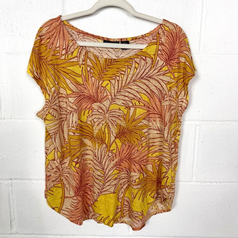 Tahari 100% Linen Top Tropical Leaf Resort Travel Vacation Island Beach SZ XL